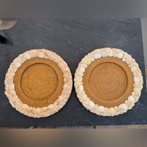 Pottery Barn set (2) Sea Shell rimmed 15” rattan chargers Beach Handwoven